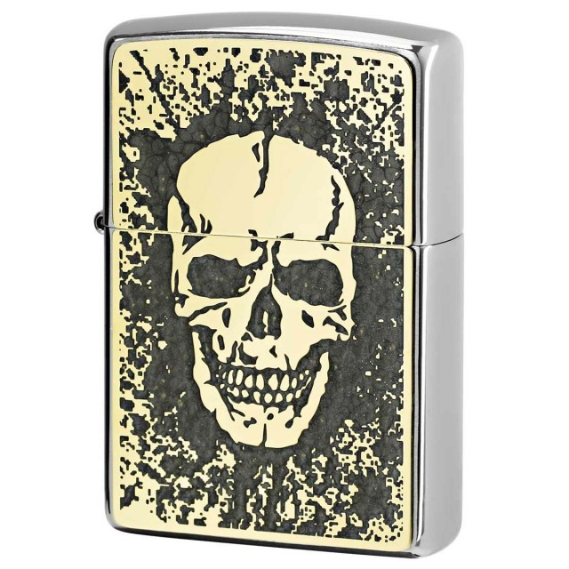 Zippo ジッポー スカル ドクロ 骸骨 Skull グレー #200 ゴールドプレート 両面加工 ブラッシュドクローム 2MPP-Skull GY GP