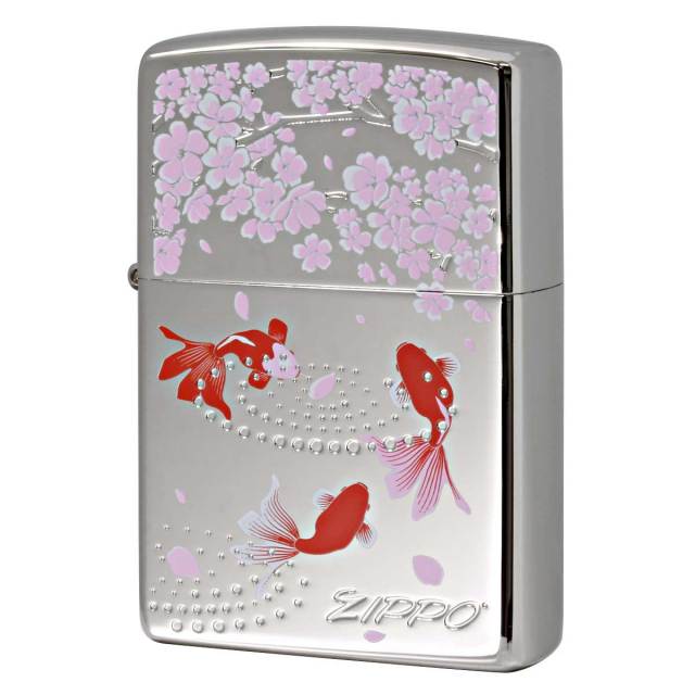 Zippo ジッポー 金魚と桜 きんぎょ さくら 和柄 両面加工 White Nickel