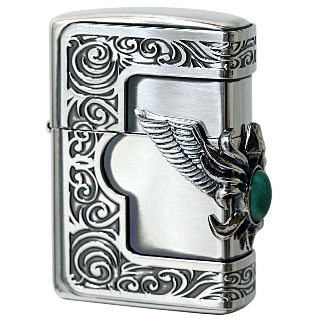 Zippo ジッポー ターコイズ 天然石 ウイング 羽 メタル 銀イブシ ストーンウィングメタル ターコイズ
