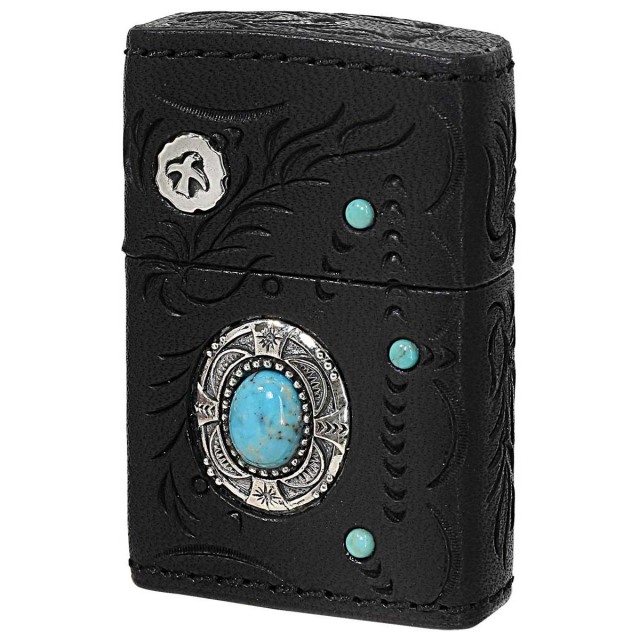 Zippo ジッポー 革巻き 牛革 ターコイズ 天然石 ネイティブアメリカン インディアンスピリット ブラック INDIAN SPIRIT 純銀メタル FEATHER フェザー BK
