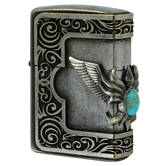 Zippo ジッポー ターコイズ 天然石 ウイング 羽 3面連続メタル 古美バレル STONE WING METASL Turquoise ＃200FB 古美バレル