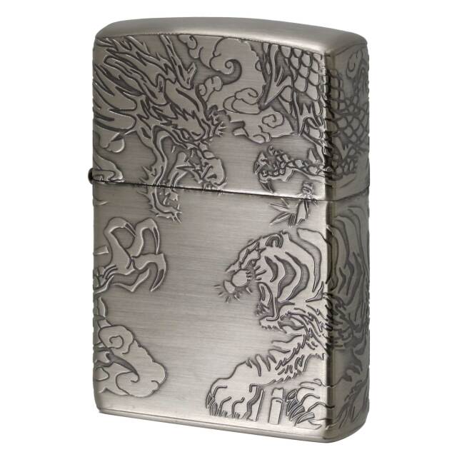 絶版/ヴィンテージ Zippo ジッポー 中古 2023年製造 ドラゴン タイガー 4面連続デザイン ニッケルメッキ ブラッシュド Dragon and Tiger NI  [A]使用感少なく状態が良い