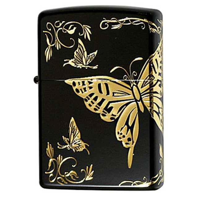 Zippo ジッポー 蝶々 バタフライ アラベスク 唐草 3面連続加工 イオンマットBK 金サシ 2BTF-A メール便可