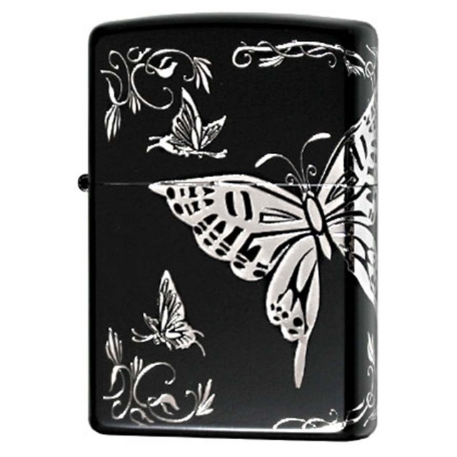 Zippo ジッポー 蝶々 バタフライ アラベスク 唐草 3面連続加工 イオンマットBK 銀サシ 2BTF-B メール便可
