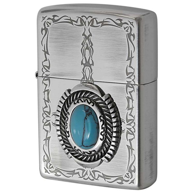 Zippo ジッポー イミテーションストーン ターコイズ トライバル柄 Turquoise 銀メッキいぶし 80053
