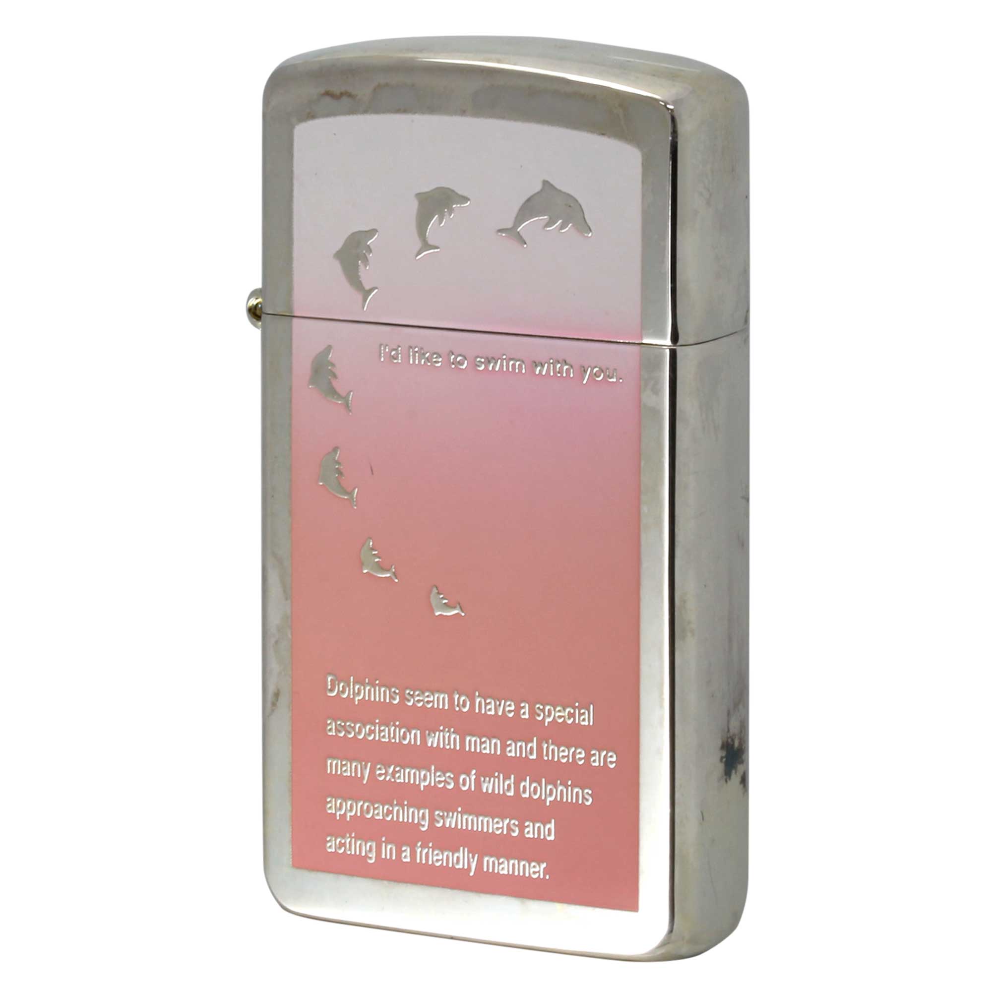 絶版/ヴィンテージ Zippo ジッポー 中古 2003年製造 スリム  イルカ DOLPHIN あなたと一緒に泳ぎたい ピンク  [B]使用感ありやや傷汚れあり
