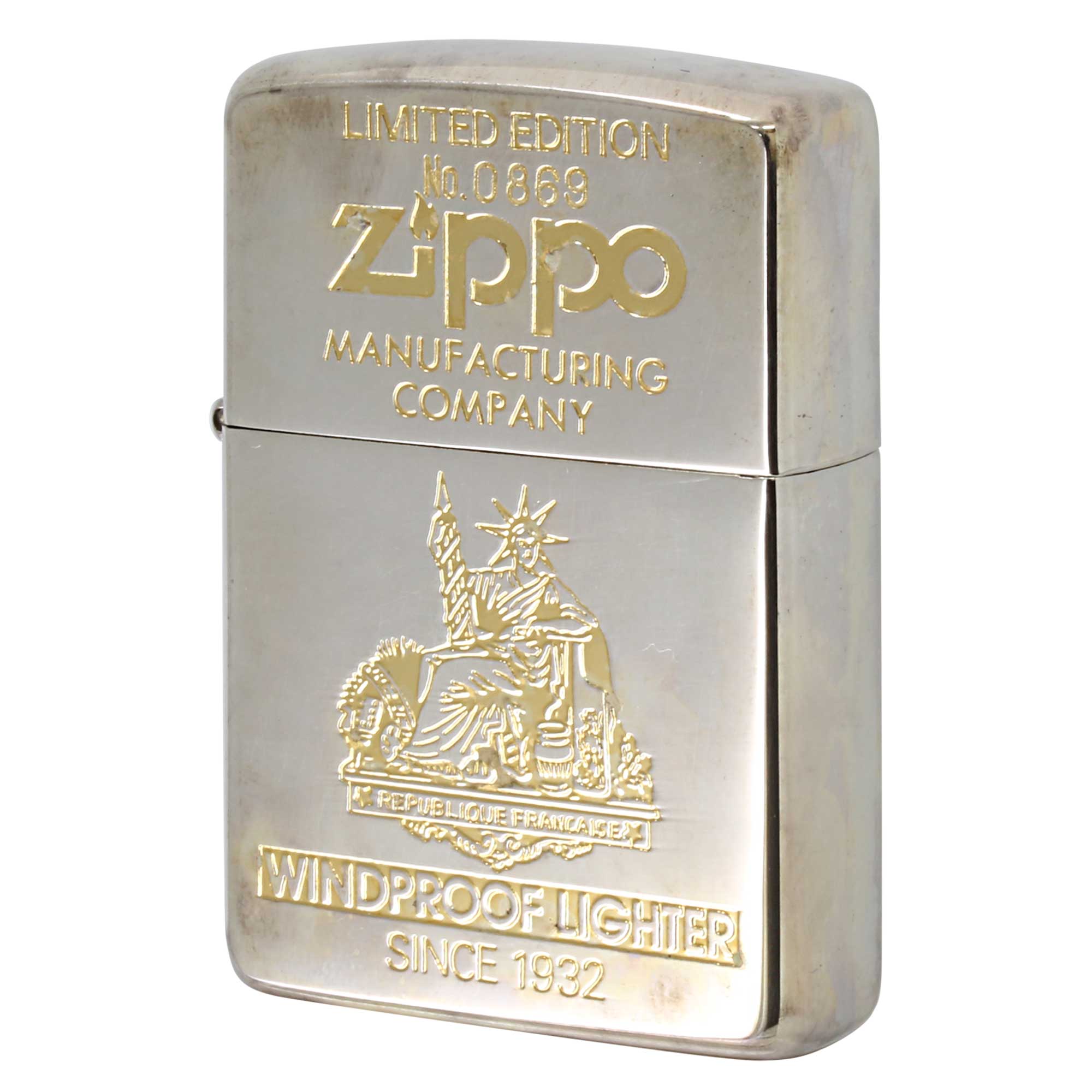 絶版/ヴィンテージ Zippo ジッポー 中古 1998年製造 自由の女神 エッチング 金銀メッキ シルバー10ミクロン シリアルナンバー入 No.0869  [B]使用感ありやや傷汚れあり