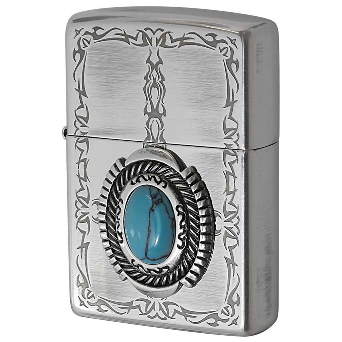 Zippo ジッポー イミテーションストーン ターコイズ トライバル柄 Turquoise 銀メッキいぶし 80053
