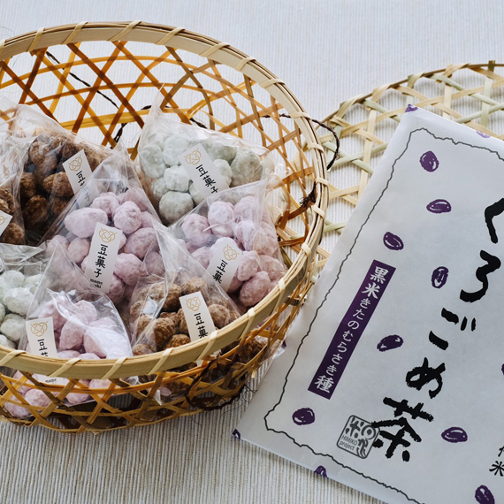 オリジナルパッケージ旭豆と旭川産くろごめ茶セット （かご付き）