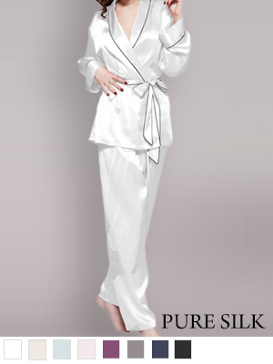 シルクローブスタイルパジャマ 全8色【レディース】 天然シルク100% (ライン入)