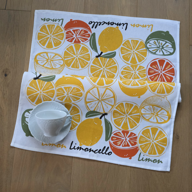 155.リネンふきん　レモン色 KRACHT ハーフリネン キッチンクロス Limoncello Druck