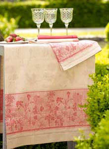 リネン テーブルランナー Paradise birds pink-apricot