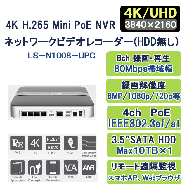 Lisway：4K H.265 PoE ネットワークビデオレコーダーLS-N1008