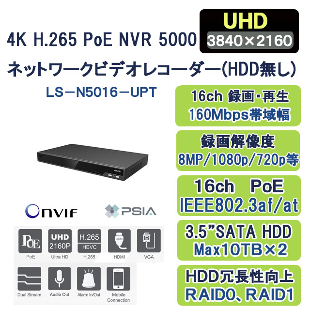 Lisway：4K H.265 PoE ネットワークビデオレコーダーLS-N5016-NPE HDD無し