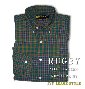 RUGBY Vintage Check Button Down Shirt / Brown / Green
