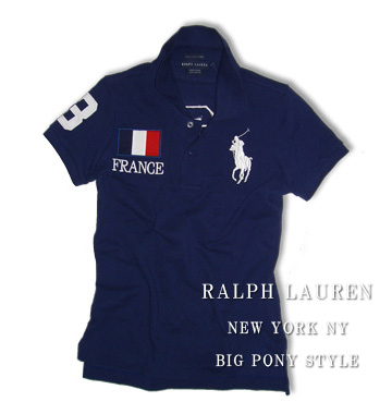 Skinny Fit Big Pony FRANCE Flag Polo / Navy / White