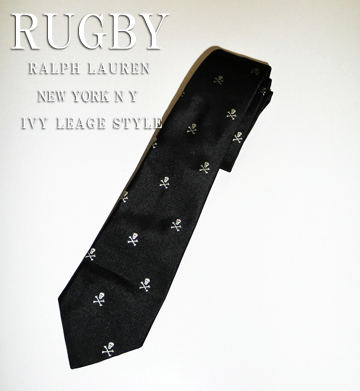 RUGBY Skull＆Bone Silk Narrow Tie / Black / Metallic Silver