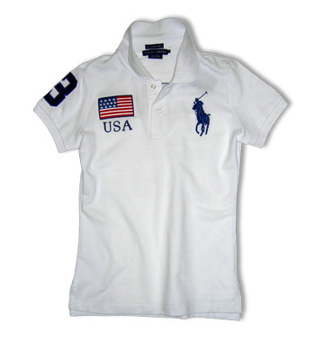 Skinny Fit Big Pony USA Flag Polo / White / Navy