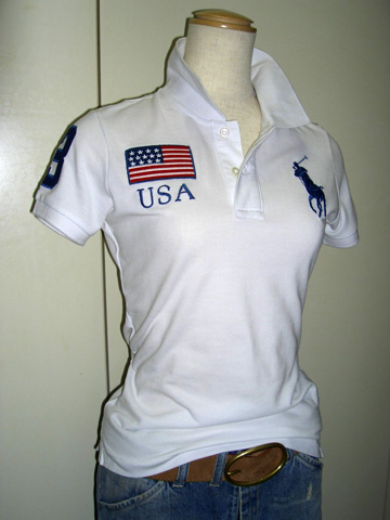 Skinny Fit Big Pony USA Flag Polo / White / Navy