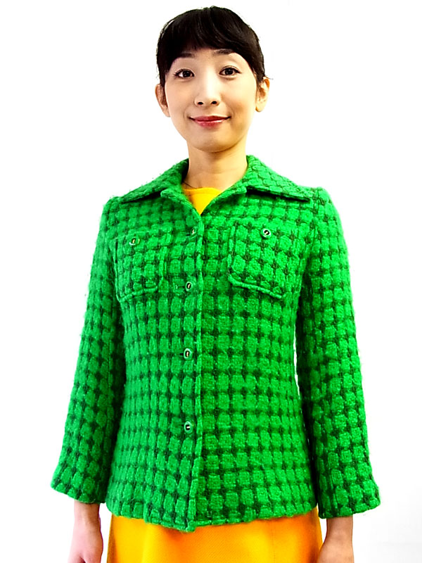 日本製 ヴィンテージ　グリーン　ダイヤ型刺繍　ウール　ジャケット