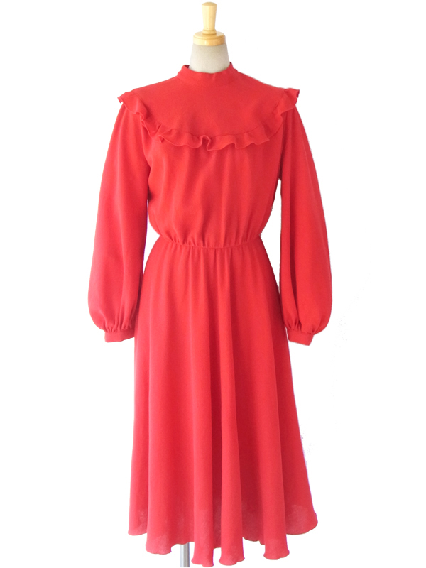 ヨーロッパ古着 ロンドン買い付け ６０年代製 真紅 X たっぷりギャザーフリル ヴィンテージ エレガントワンピース 12BS522