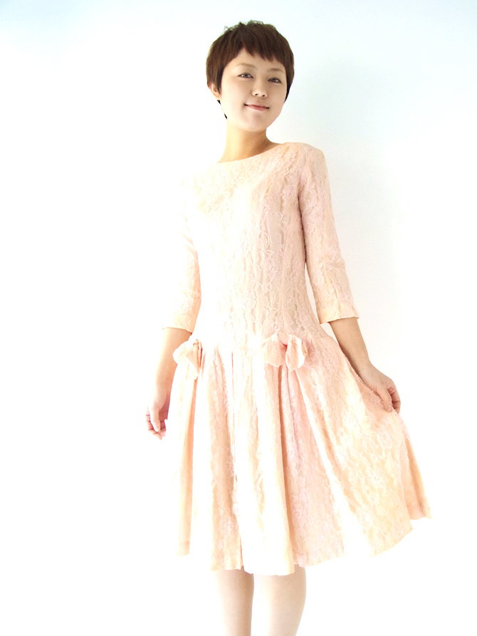 【送料無料】フランス買付 ピンク 花柄レース　リボン付　ヴィンテージ　ワンピース :古着 12FC33【ヨーロッパ古着】