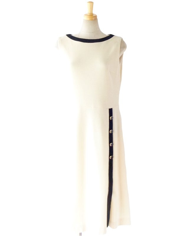 ヨーロッパ古着 ロンドン買い付け ６０年代製 アイボリー X ブラック バイカラー 高級感のある上品ウールドレス 13BS264