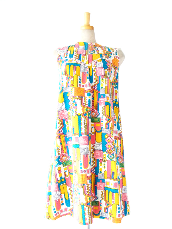 ヨーロッパ古着　ヴィンテージ　レトロ　ワンピース　マルチカラー　フランス買い付け