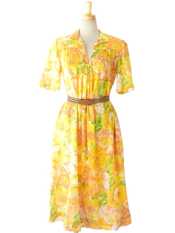 ヨーロッパ古着 フランス買い付け　６０年代製 ブライトイエロー 花柄プリント ヴィンテージ ワンピース 13FC306 