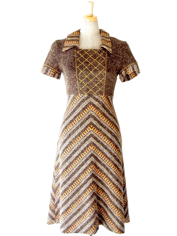 ヨーロッパ古着　フランス買い付け ブラウン X イエロー アーガイル デザインステッチ　ヴィンテージ ワンピース