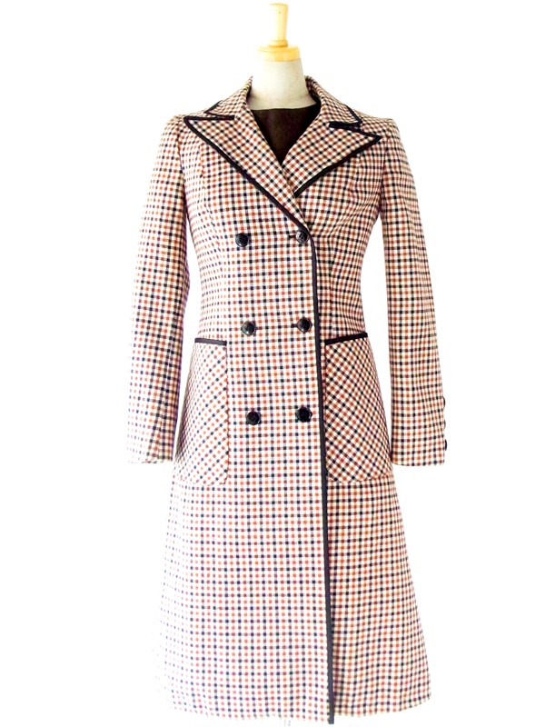 【送料無料】フランス買い付け　６０年代製 ブラウン X ホワイト X ブラック　チェック柄　ウール　コート : 13FC708【在庫一点限り】