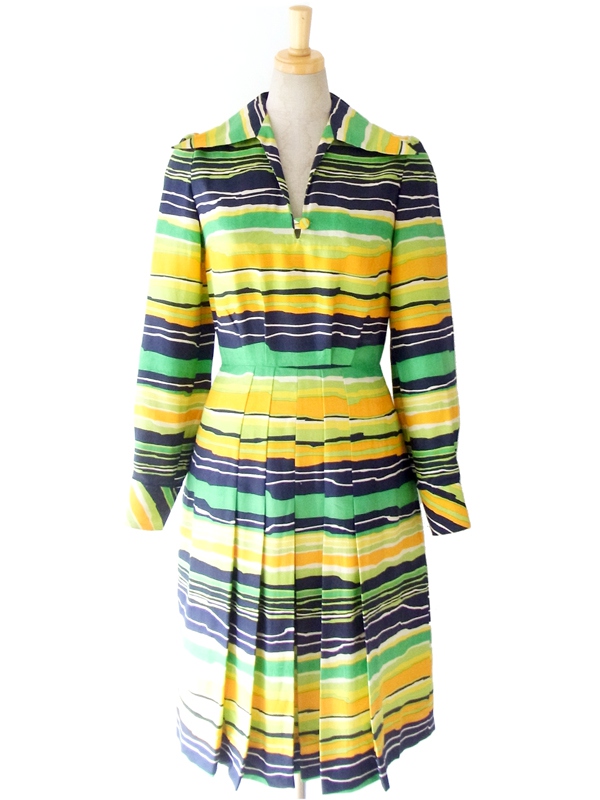 ヨーロッパ古着 ６０年代製　グリーン・イエロー・ブルー ボーダー ヴィンテージ シルク ワンピース : 13FC807