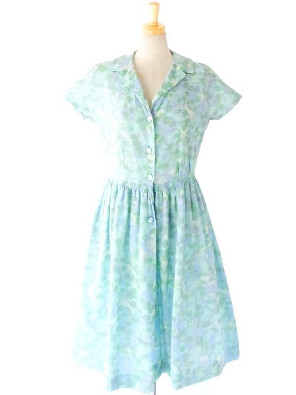 ６０年代 フランス製 水色 X グリーン 猫目ボタン クラシカルシルエット ヴィンテージ ワンピース 14FC212