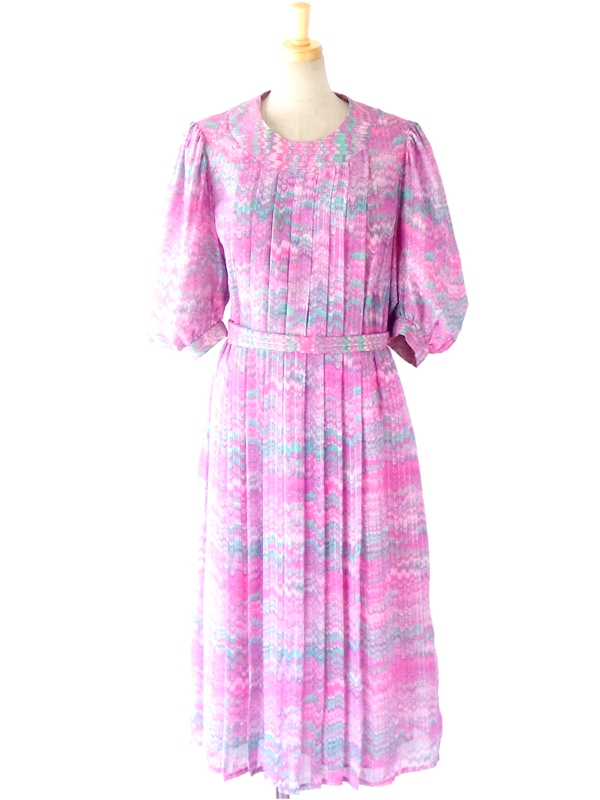 ６０年代フランス製 ピンク 水色 波模様 ゴールドラメ糸入り　レトロデザイン プリーツ ワンピース 14FC429