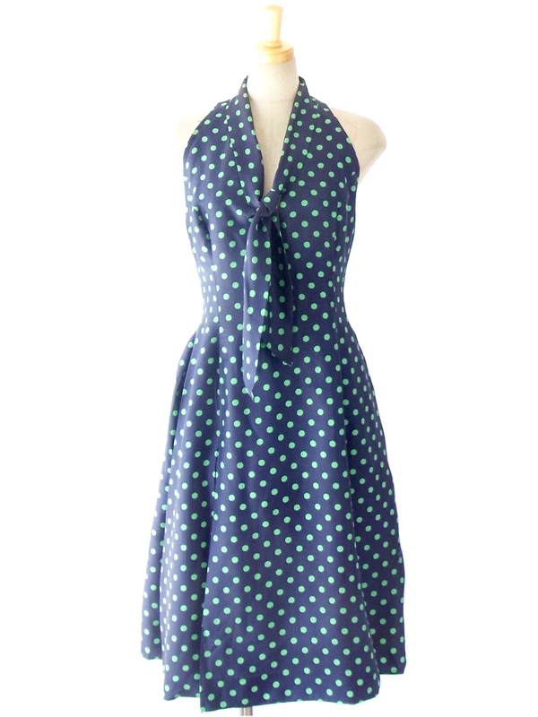 フランス買い付け ６０年代製 ブルー X ミントグリーン水玉 ボウタイ ヴィンテージ ワンピース 14FC500