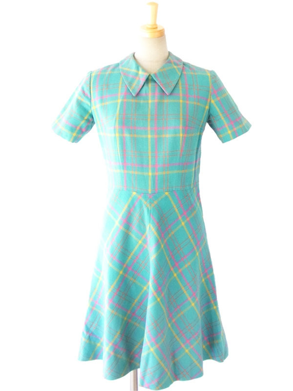 ヨーロッパ古着 フランス買い付け ６０年代製 エメラルドブルー パステルカラーチェック ヴィンテージ ウール ワンピース 14FC501