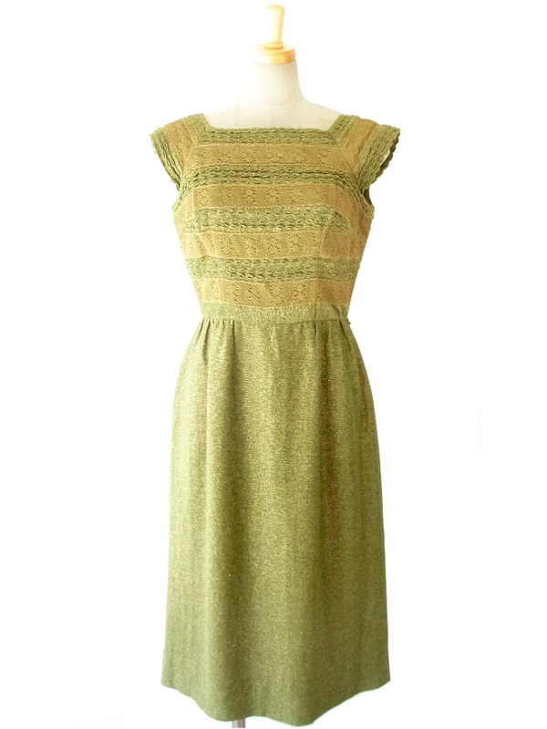 ヨーロッパ古着 フランス買い付け スパニッシュオリーブ X ゴールドラメ アンティークドレス 14FC502