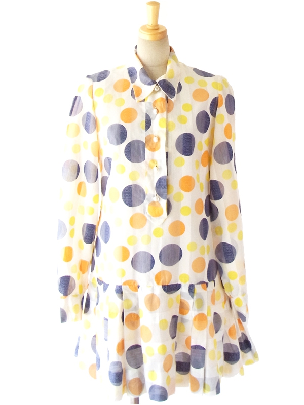 ヨーロッパ古着 フランス買い付け ６０年代製 ホワイト X カラフル水玉 レトロポップ ヴィンテージ ワンピース 14FC503