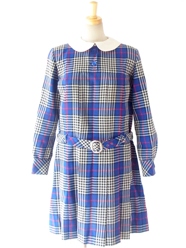 ヨーロッパ古着 フランス買い付け ６０年代製 ブルー X チェックデザイン ホワイト丸襟 ヴィンテージ ワンピース 14FC507