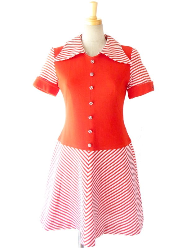 ヨーロッパ古着 フランス買い付け ６０年代製 レッド・ホワイト バイカラー ストライプ レトロデザイン ヴィンテージ ワンピース 14FC511