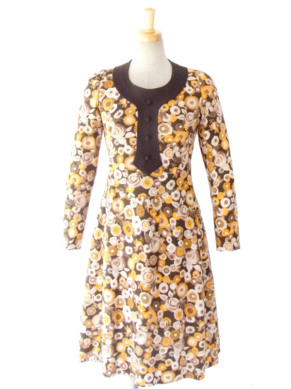ヨーロッパ古着 フランス買い付け ６０年代製 ブラン・オレンジ 花柄 ヴィンテージ レトロ ウール ワンピース 14FC512