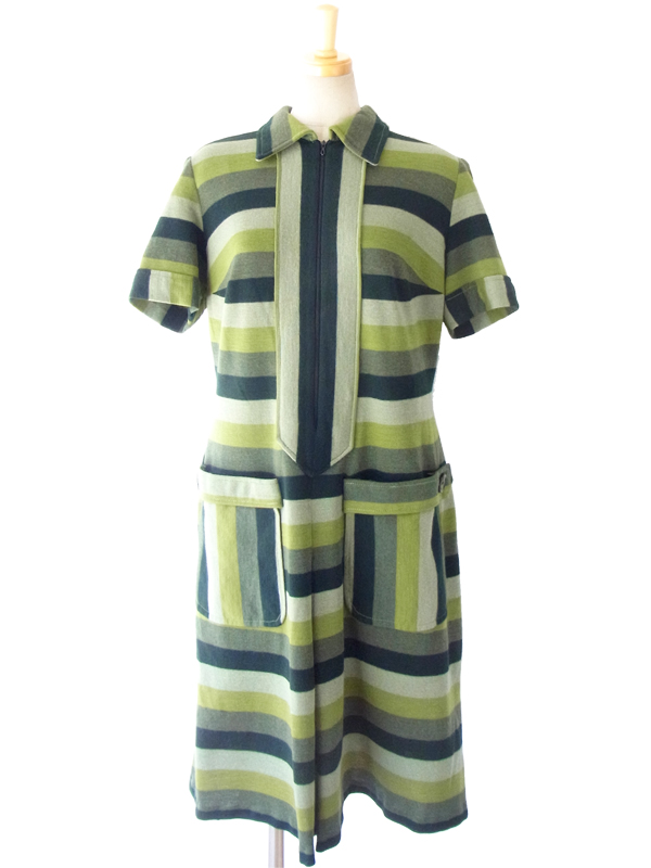 ヨーロッパ古着 フランス買い付け モスグリーン・カーキ X ボーダー フロントジップ ヴィンテージ ワンピース 14FC515