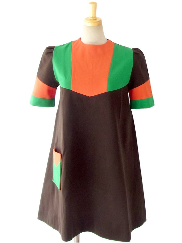 ヨーロッパ古着 フランス買い付け ６０年代製 チョコレート オレンジ・グリーン ヴィンテージ チュニック 14FC517