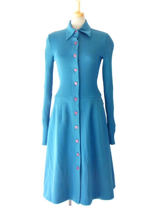 ヨーロッパ古着 ６０年代フランス製 シアンブルー リブ編み レトロデザイン ヴィンテージ ワンピース 14FC518
