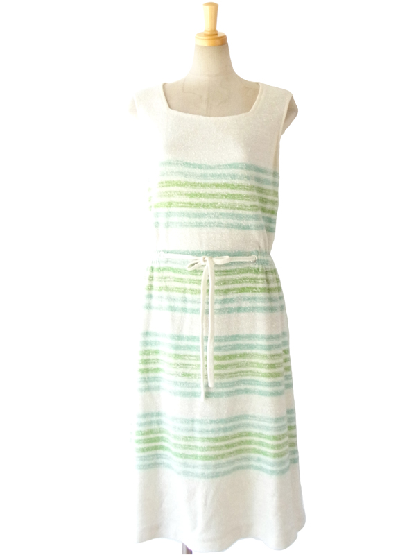 フランス買い付け ６０年代製 ホワイト X 水色・グリーン ボーダー タオル地 ヴィンテージ ワンピース 14FC519