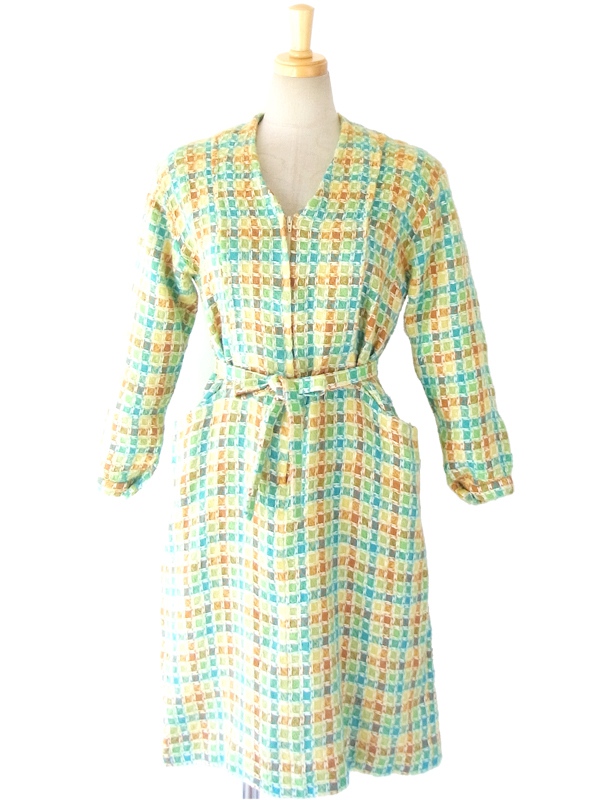 ヨーロッパ古着 フランス買い付け ６０年代製 黄緑・シアンブルー　チェック柄 ヴィンテージ ウールワンピース14FC522