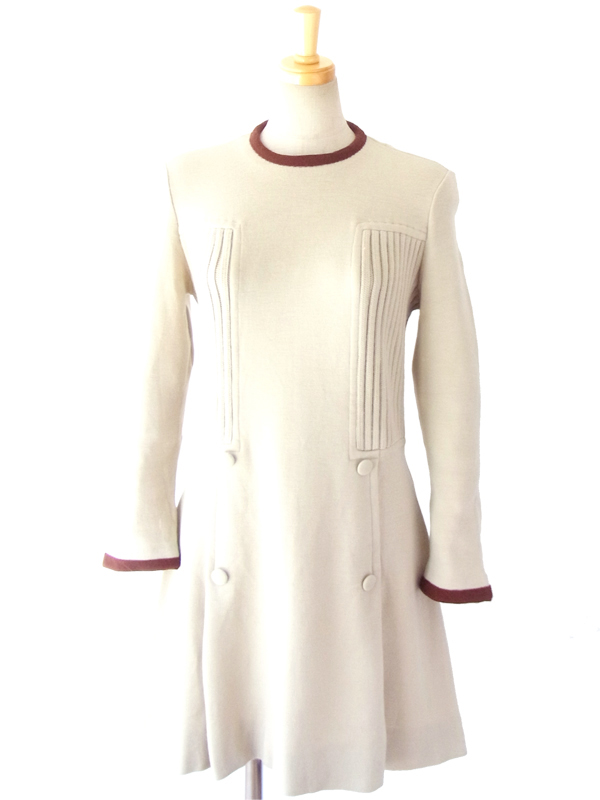 ヨーロッパ古着 フランス買い付け ６０年代製 ライトグレイ X ブラウン ヴィンテージ レトロワンピース 14FC532 