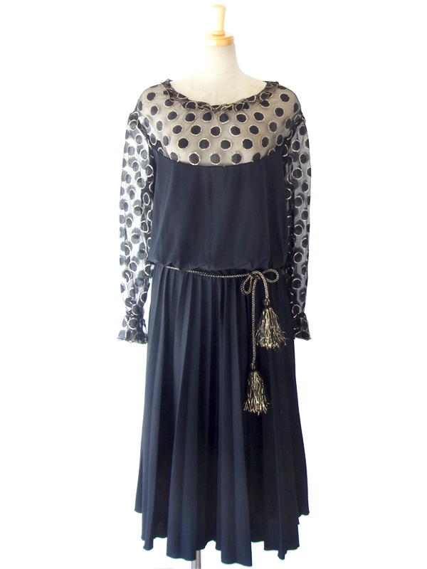 ヨーロッパ古着 フランス買い付け シックなブラック X ヨーク・袖レース ヴィンテージ お呼ばれワンピース 14FC534