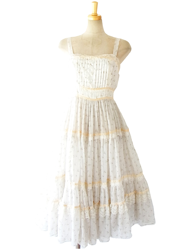 70年代アメリカ製 GUNNE SAX ガニーサックス ホワイト ガーリー花柄 ヴィンテージ ワンピース 14SP101