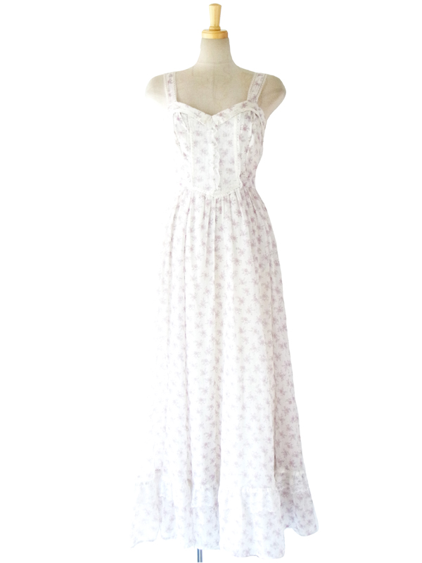 70年代アメリカ製 GUNNE SAX ホワイト ライラック ガーリー花柄 マキシワンピース 14SP102